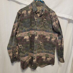 Woods & Water Shirt Flannel Cotton Camo Medium Hunter sportsmen button up moose